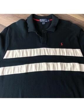 RALPH LAUREN POLO SHIRT XL Navy Blue Stripe Mesh Vtg Pique